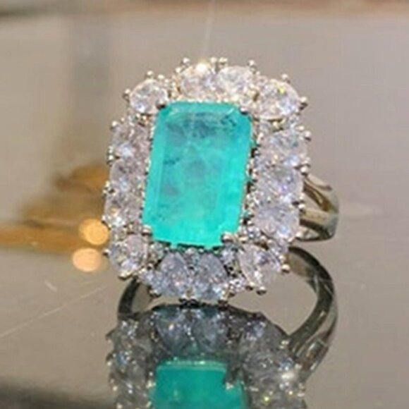 🔥 925 Silver Exclusive Blue Emerald Cut Cubic Zirconia Ring, FB16FA1064
